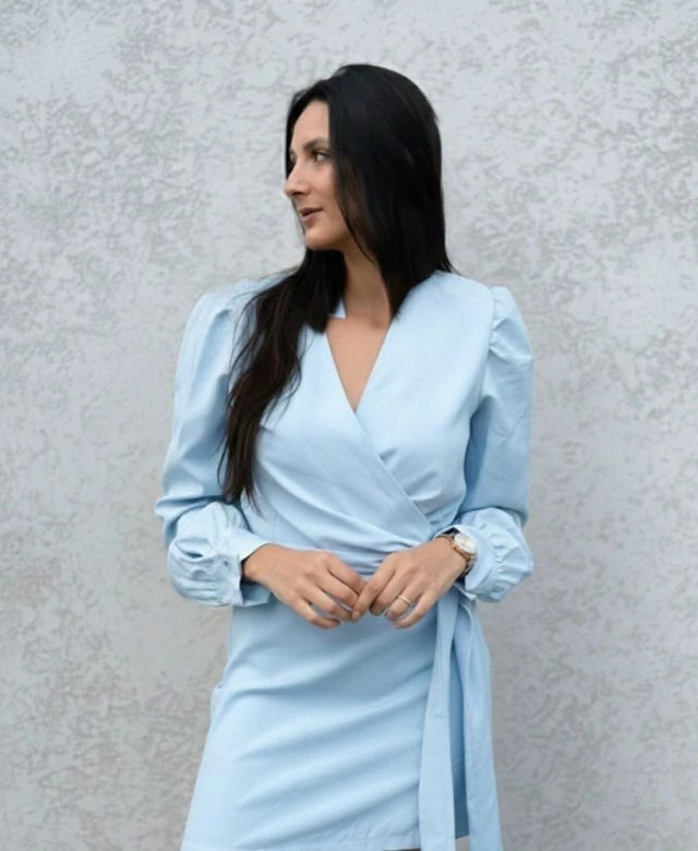 Vestido Curto Decote V Manga Longa Bufante