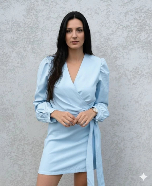 Vestido Curto Decote V Manga Longa Bufante