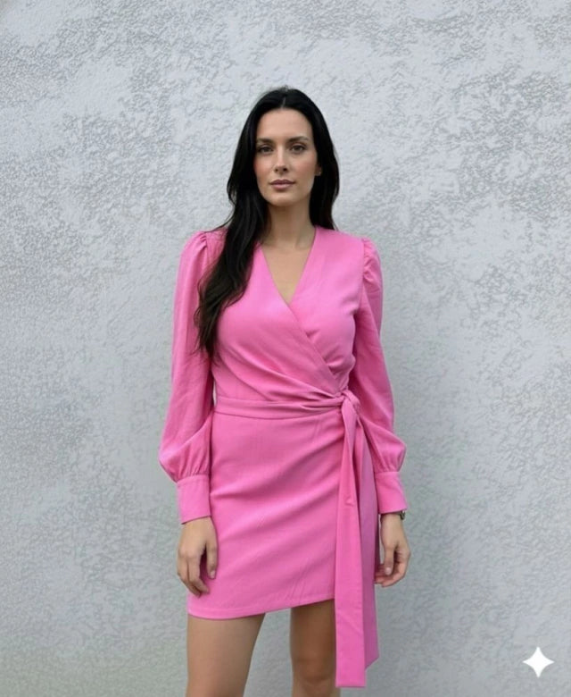 Vestido Curto Decote V Manga Longa Bufante