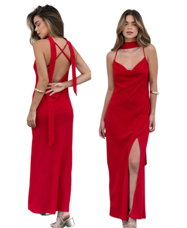 Vestido Longo Crepe Decote Rafa Costa Aberto